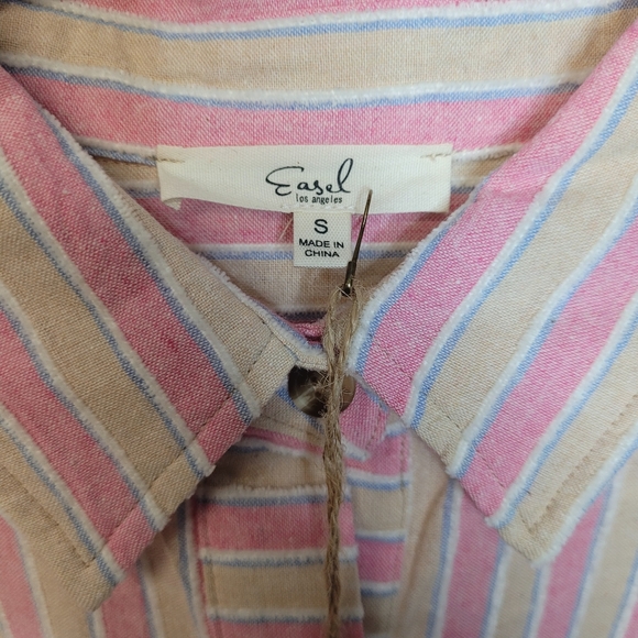 Easel Oversized Pink Blue Striped Textured Long Sleeve Button Up Top Shacket - Picture 9 of 9